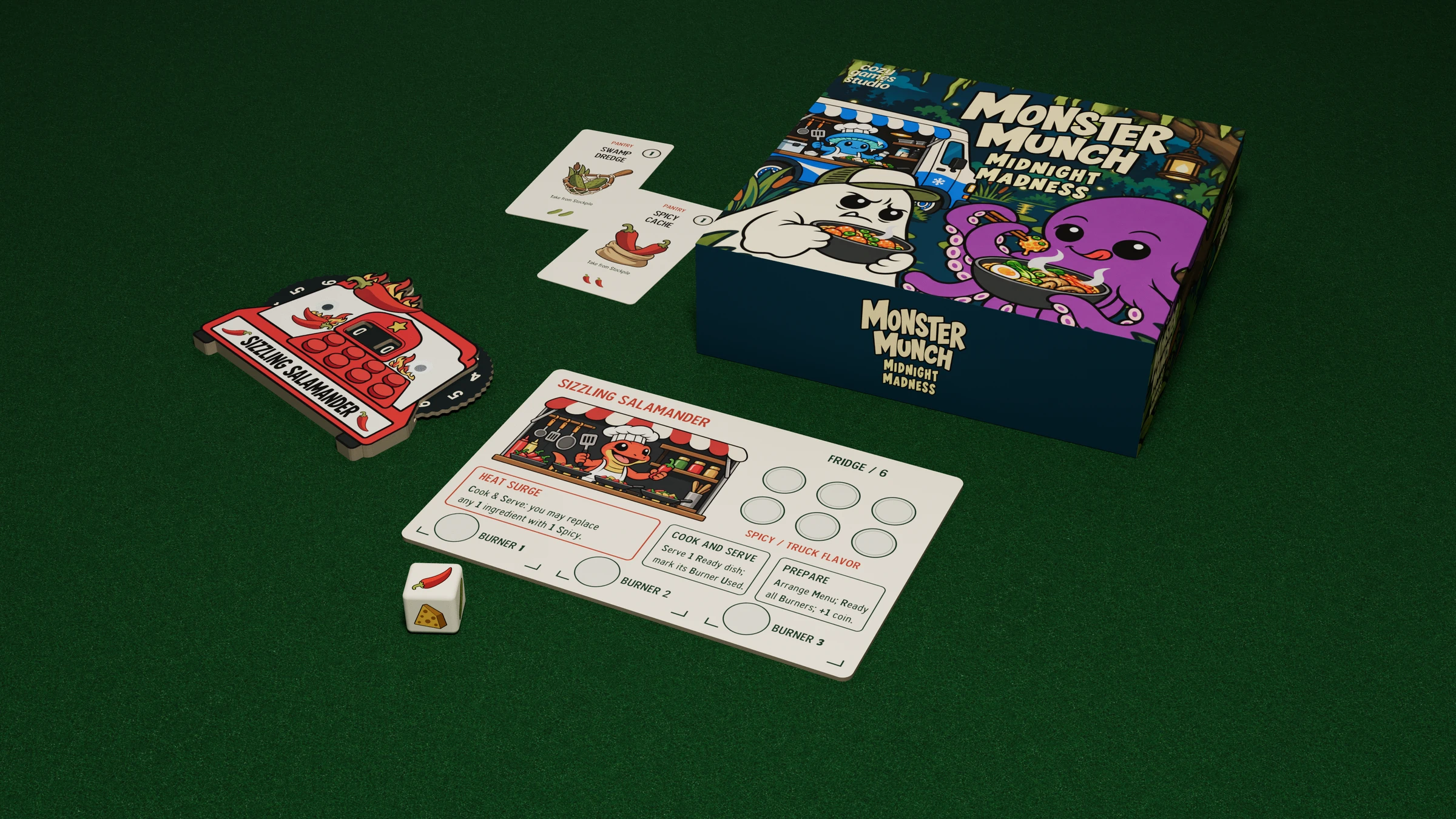 Monster Munch box, cards, player board, tracker and die in a scene rendered with Carta’s lighting tools